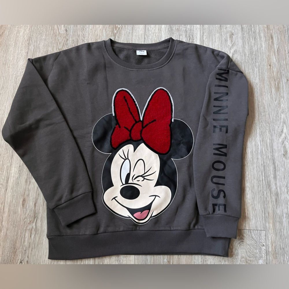 Disney Minnie Mouse Face Front Logo Sweater Sequins Bow Cotton Large